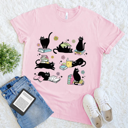 PInk  reading Tee for Introverts & Cat Lovers