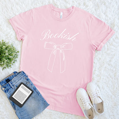 pink reader shirt with romantic typography and ribbon bow design