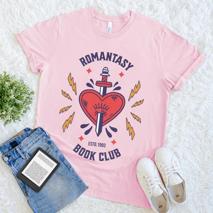 romantasy book club book lover shirt with vintage tattoo design