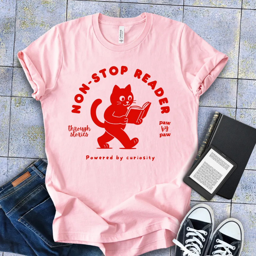 funny literary introvert tee with walking cat and book