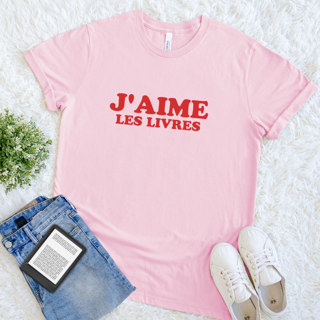 Soft pink book lover shirt with playful I Love Books typography and a cheerful Parisian feel