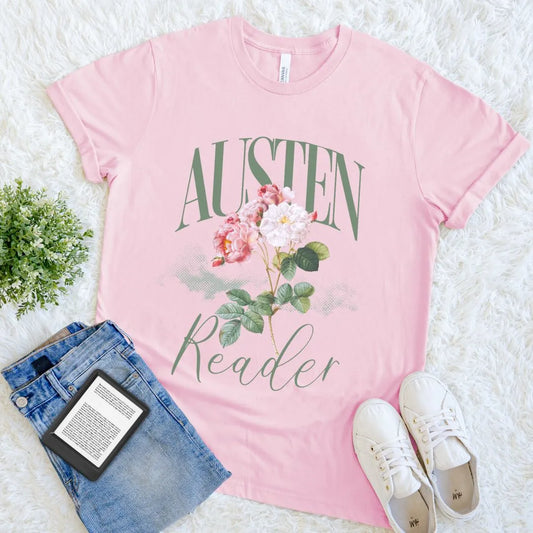 Vintage style pink reader shirt with delicate pink flowers and elegant Austen inspired text design