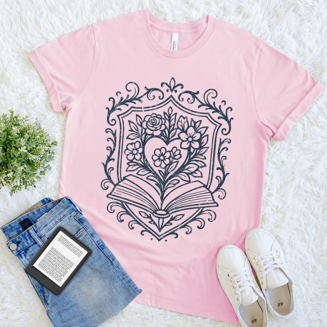 Cozy pink  literary shirt with floral illustration emerging from open book
