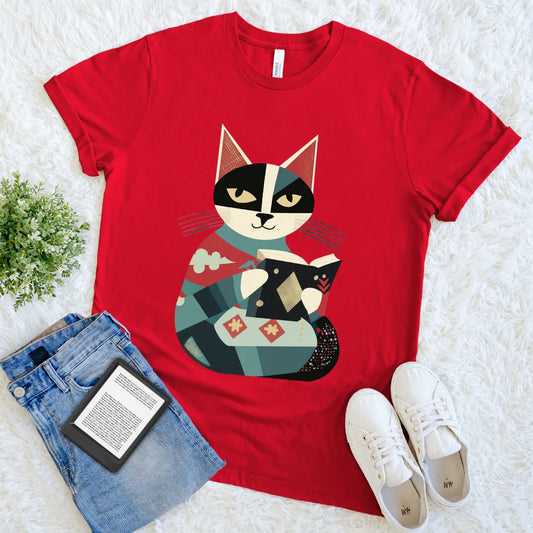 Modern design of a reading cat with cozy patterns on red shirt