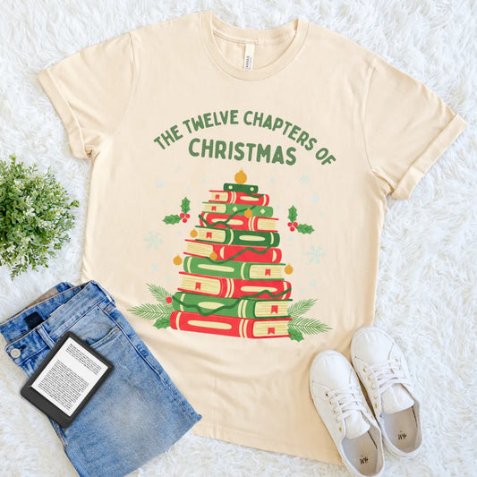 Cream tee featuring “The Twelve Chapters of Christmas” and holiday books