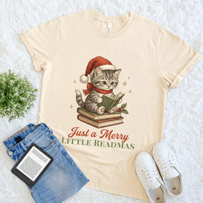 Cream T-shirt with festive vintage kitten wearing Santa hat reading a book