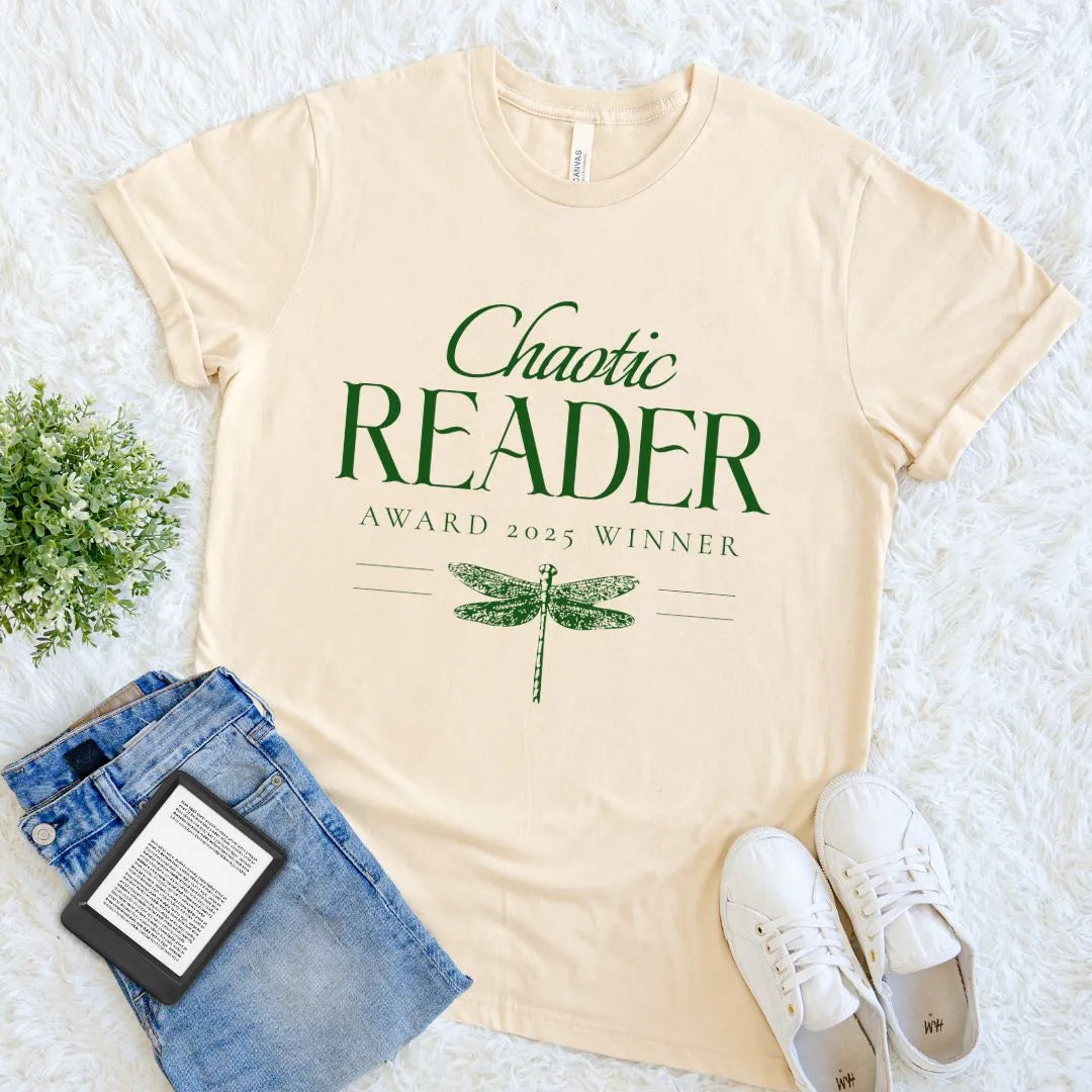 soft cream cotton  T-shirt with “Chaotic Reader Award 2025 Winner” quote and vintage dark academia illustration of wilderkind dragonfly 