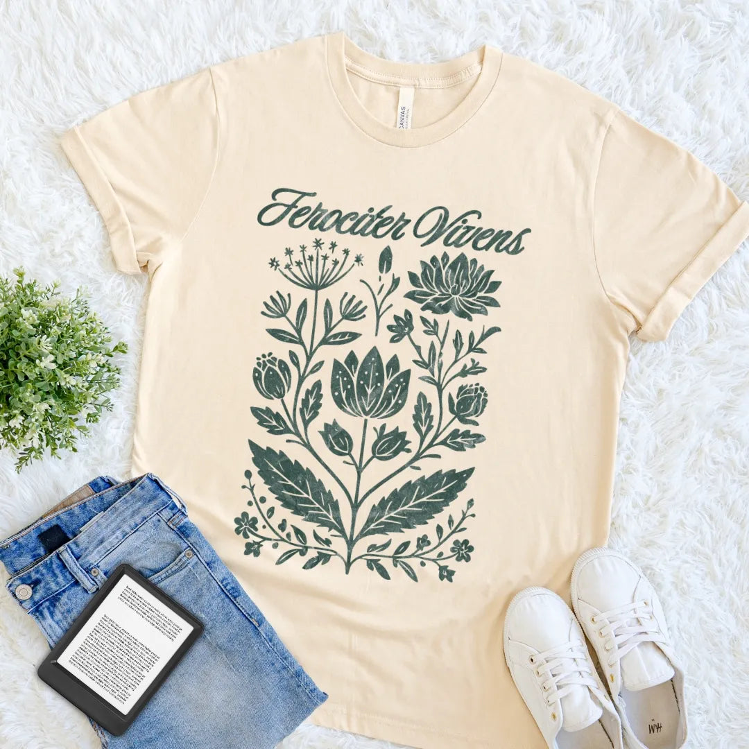 Soft Cream Ferociter Vivens Latin T-shirt with an intricate vintage botanical illustration and elegant script, a dark academia tee for quietly fierce independent spirits.