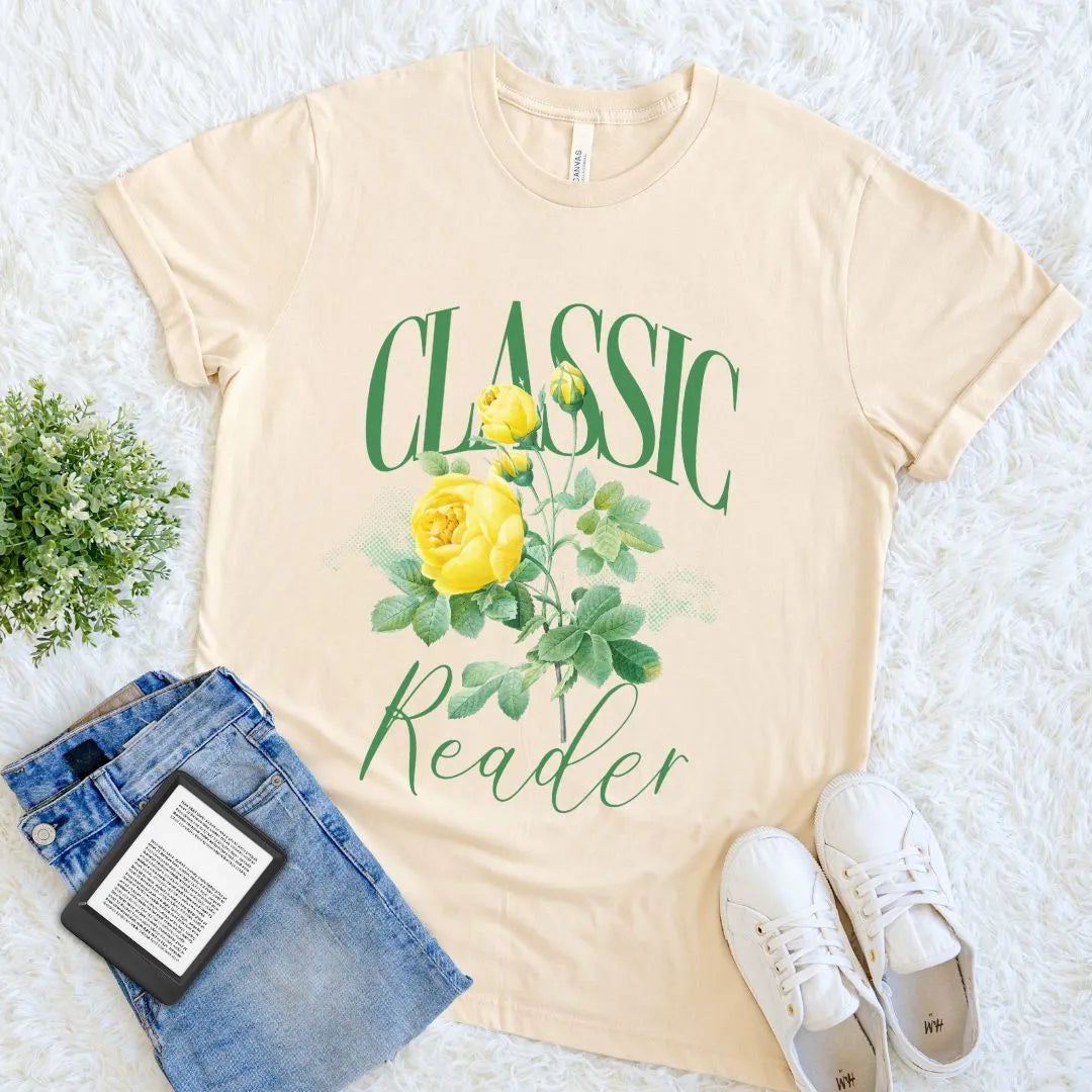 Cozy book lover T-shirt featuring yellow roses and classic reader wording on minimalist background on soft cream cotton