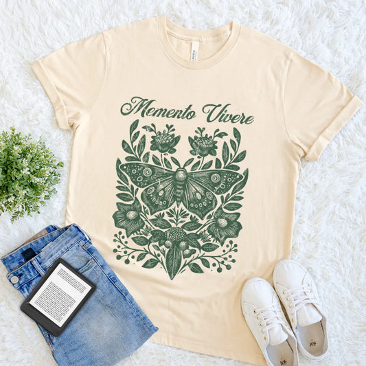 Soft cream cotton tee with elegant butterfly and botanical vintage graphic  