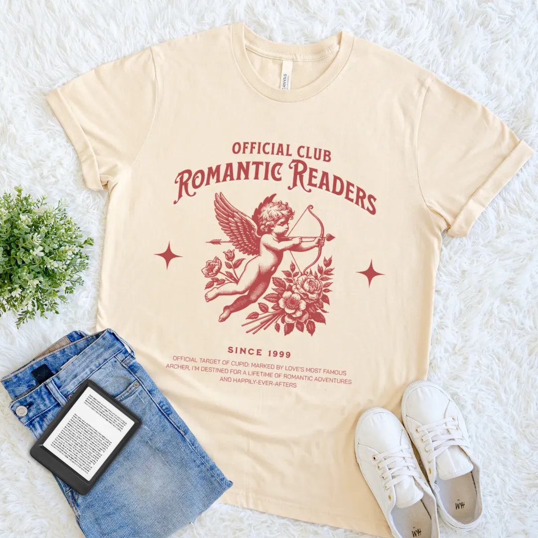 soft cream book lover  t-shirt with red vintage cupid and floral print  