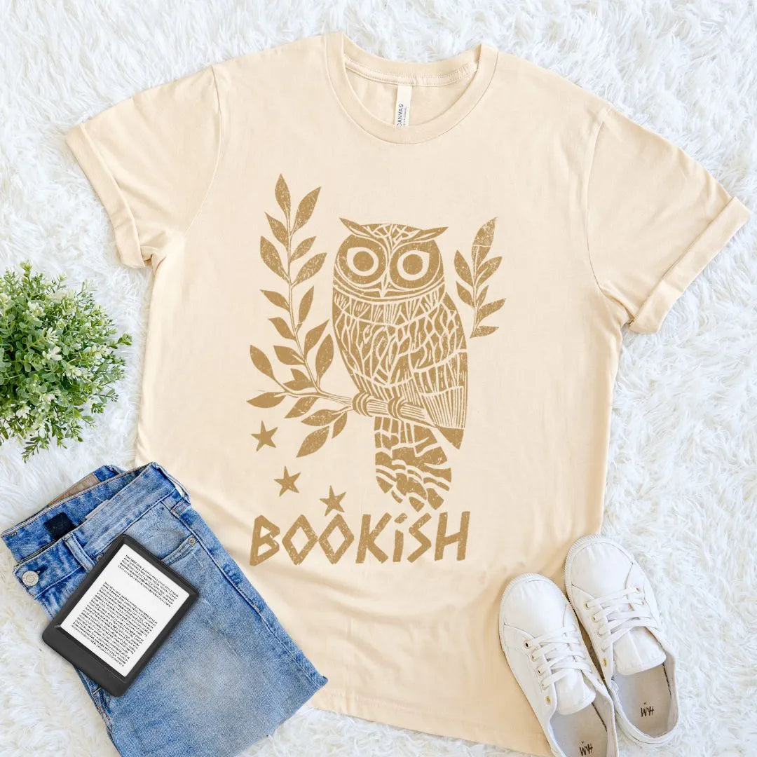 Soft cream book lover t-shirt with gold owl bookish literary illustration 