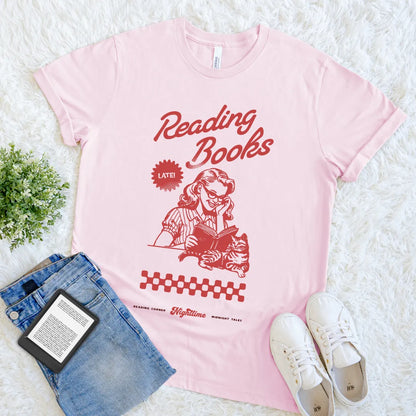 pink soft cotton vintage bookish tee for night readers with book and cat retro design