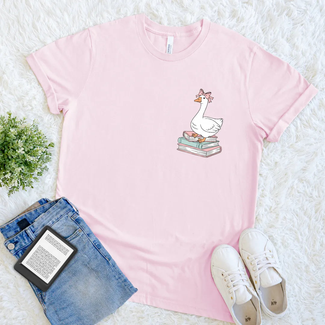 pink cute bookish silly goose illustration t-shirt