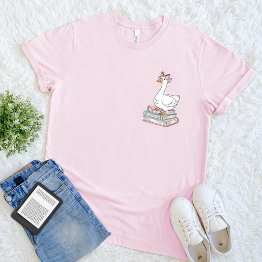pink cute bookish silly goose illustration t-shirt