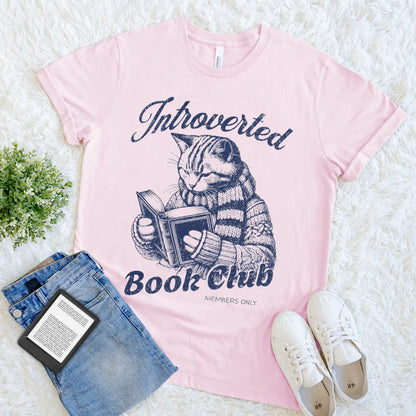 Funny introvert t-shirt with book-loving feline and “Introverted Book Club” text