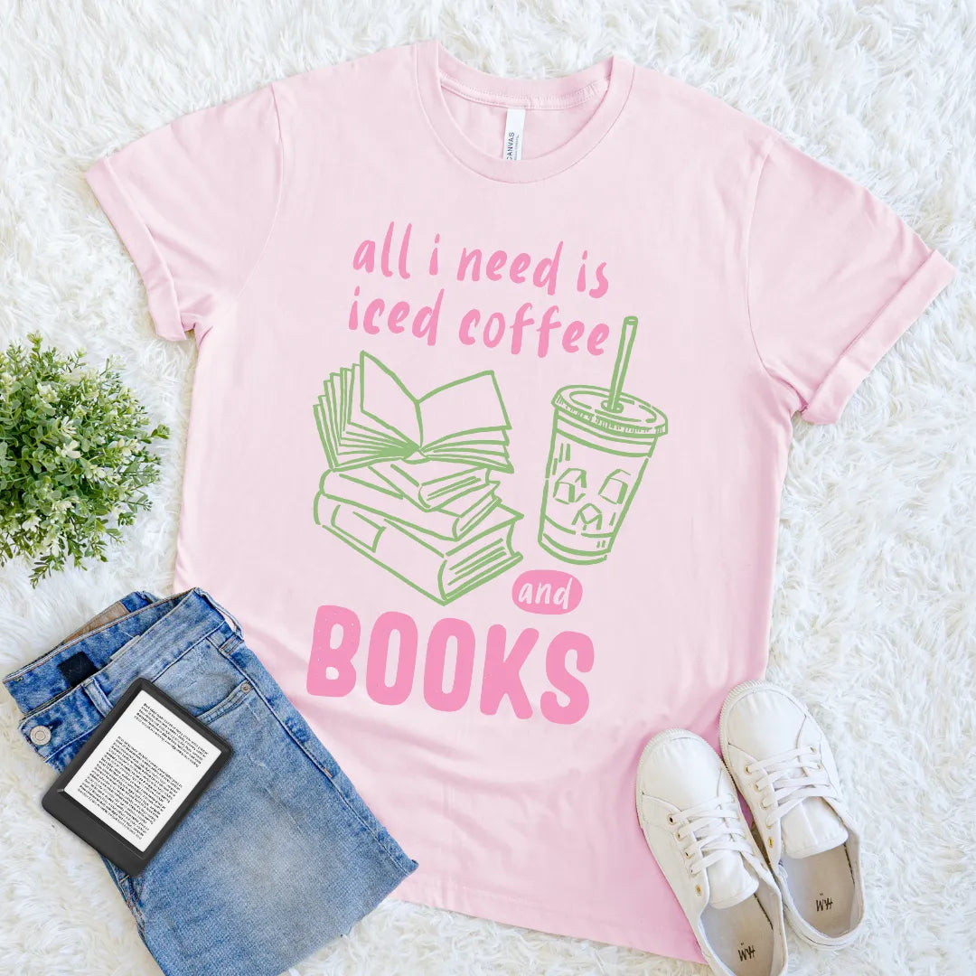 pink and green book lover shirt with iced coffee hand-drawn design