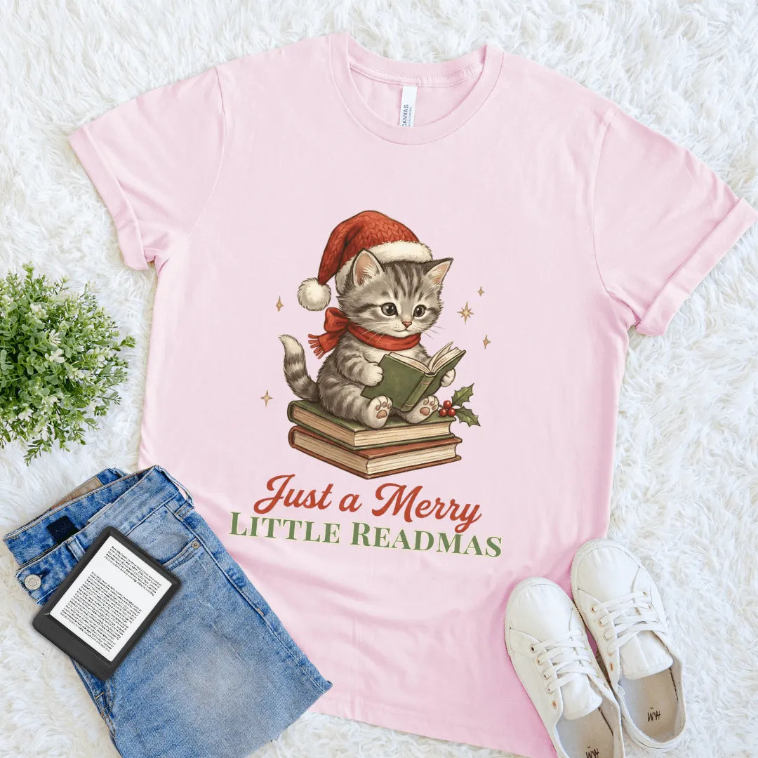 Cute pink holiday T-shirt for readers with vintage-style reading cat and seasonal message