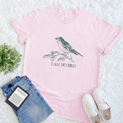 Soft pink bookish shirt with vintage bird illustration and poetic typography