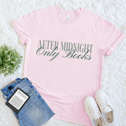 Cozy literary shirt with stylish script and after midnight reading phrase on soft pink cotton 