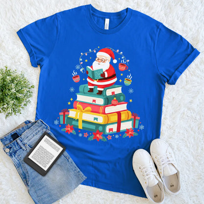 Royal Blue T-shirt with festive book pile and cheerful Santa design