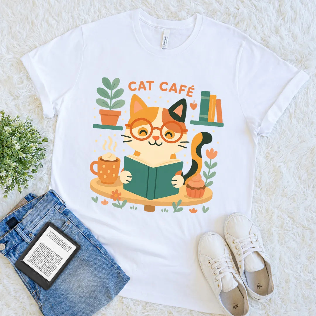 White t-shirt with a cat cafe text and  whimsical reader cat surrounded by books and plants