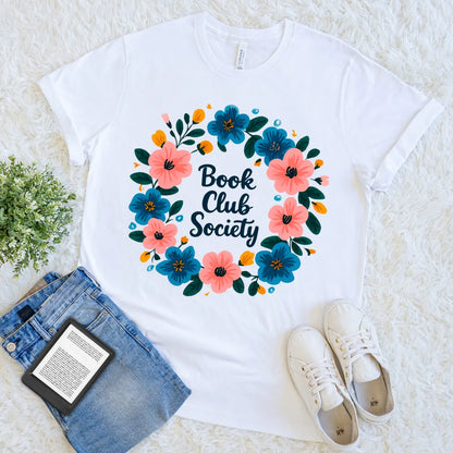 White T-shirt with floral wreath and “Book Club Society” text in the center