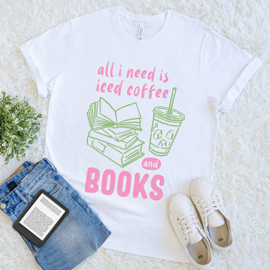 iced coffee and books t-shirt in hand-drawn pastel colors