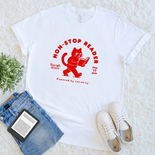 funny literary introvert tee with walking cat and book