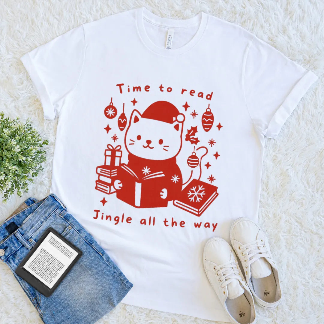 White graphic T-shirt with Christmas cat reading design
