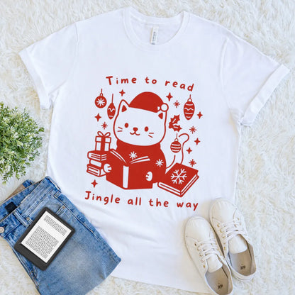White graphic T-shirt with Christmas cat reading design