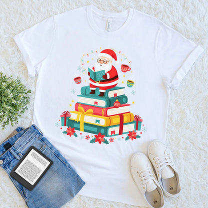 Illustrated bookish design with Santa sitting on colorful books on white t-shirt