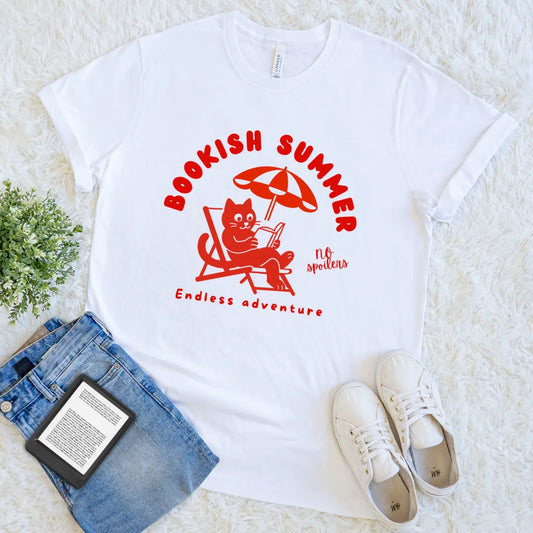 beach    bookish summer shirt with reading cat