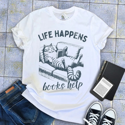 Life Happens, Books Help – Vintage Couch Cat Tee