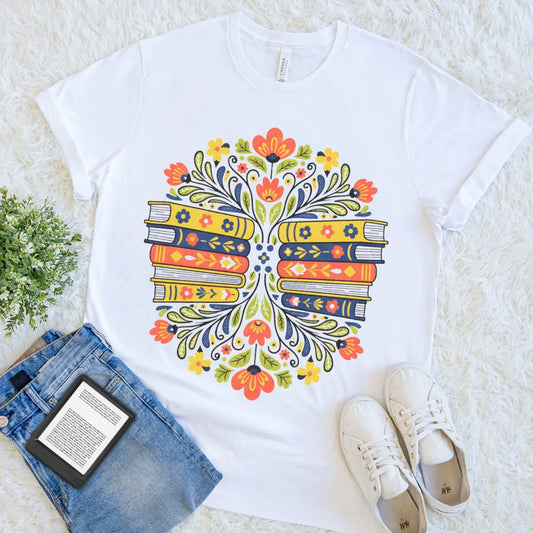 White T-shirt with folk-art floral book stack design