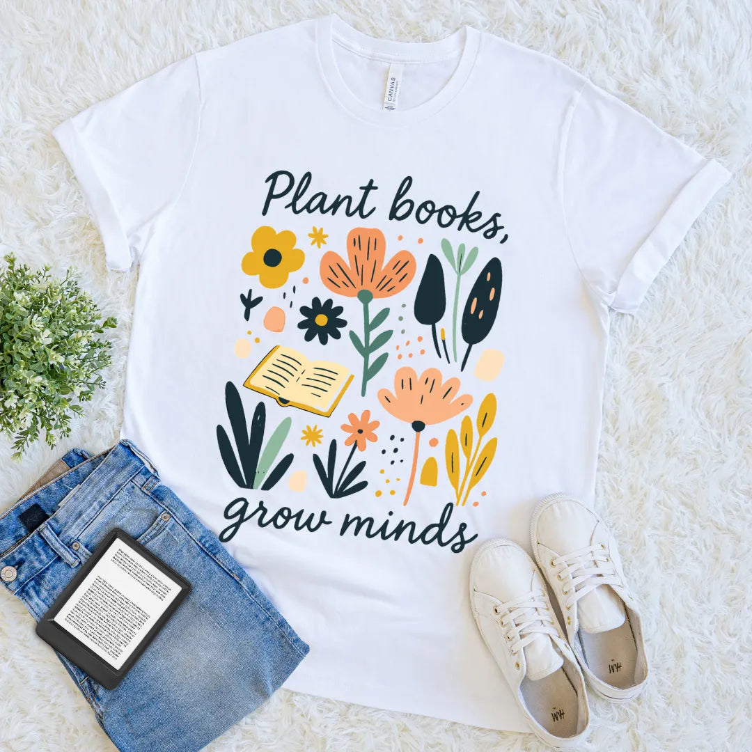 plant books grow minds reading t-shirt