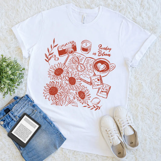 romantic vintage reading shirt with latte and flowers