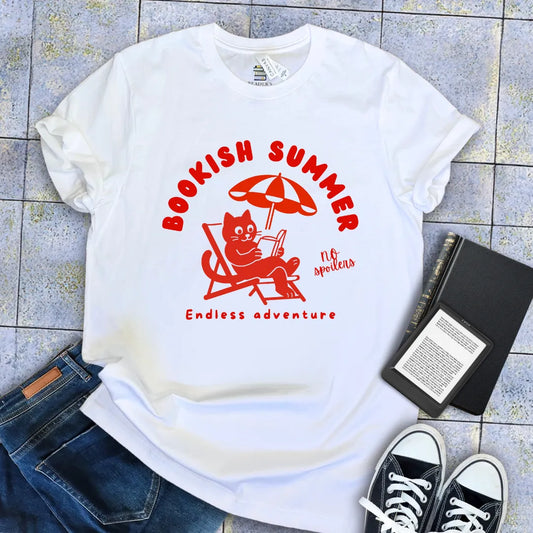 funny book lover vacation t-shirt with umbrella cat design
