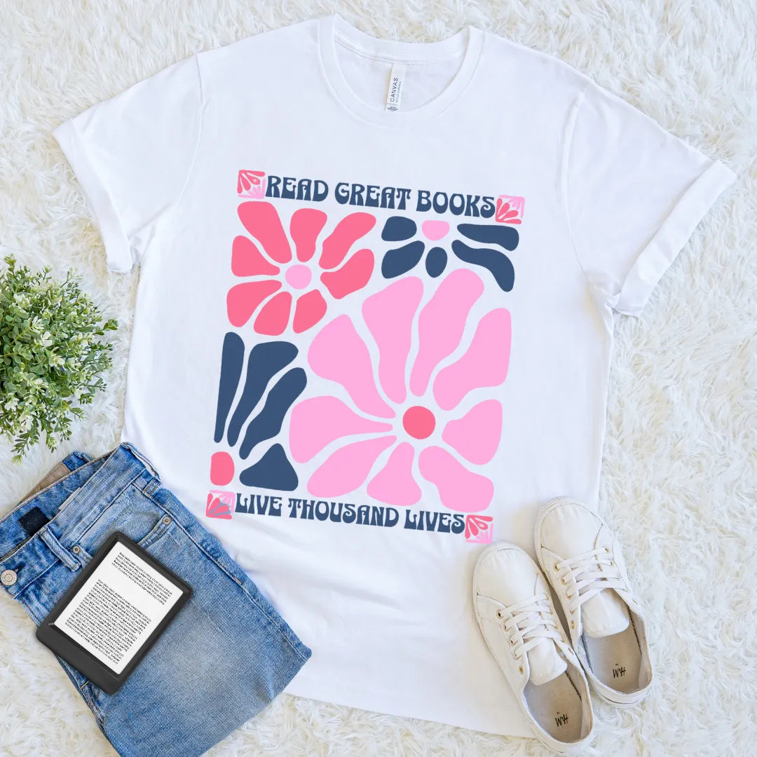 read great books live thousand lives boho floral tee