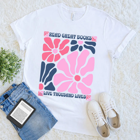 read great books live thousand lives boho floral tee
