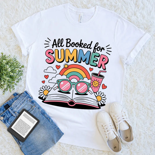 booked for summer tee with rainbow and book