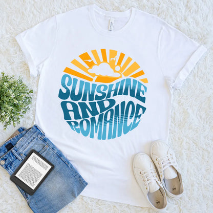 White T-shirt with retro “Sunshine and Romance” text in sun and sea design