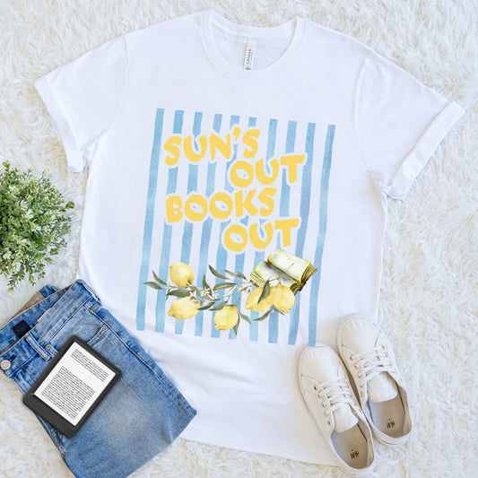 sun’s out books out shirt with lemons funny introvert reading t-shirt for warm weather