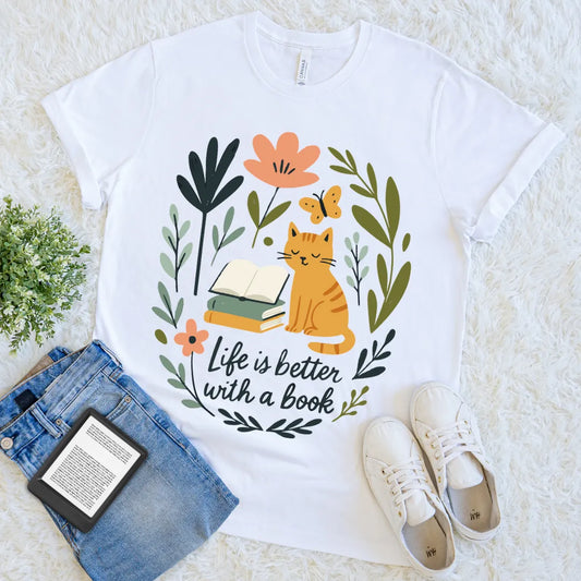 life is better with a book shirt – cottagecore style with cat