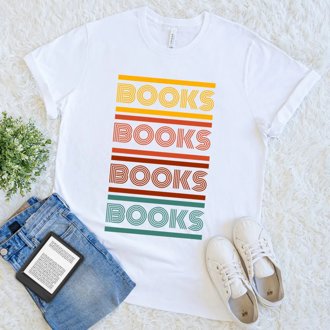 stacked books text t-shirt in warm tones