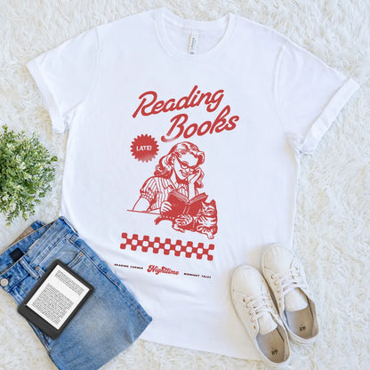 white vintage soft cotton bookish tee for night readers with retro design featuring woman reading book and a cat