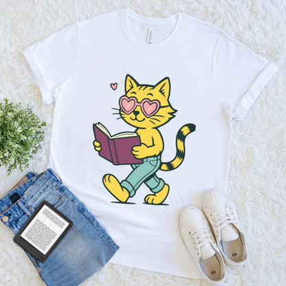 White T-shirt with cat wearing heart glasses and reading a book