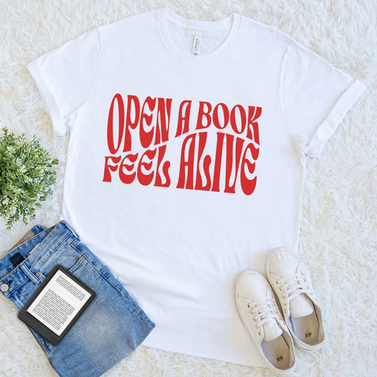 bold red and white book lover tee with vintage feel
