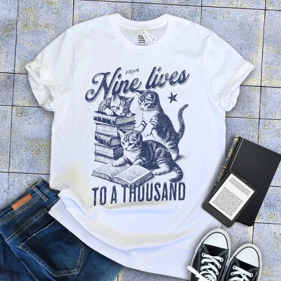 whimsical literary t-shirt with cats and books