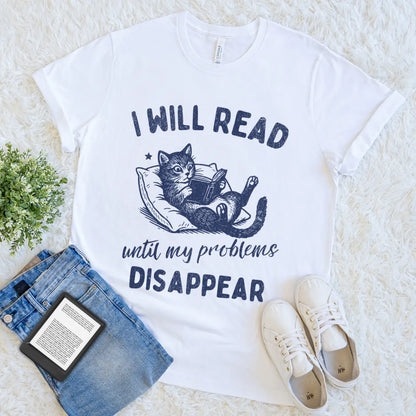 Cute vintage cat book shirt for bookworms and readers in white